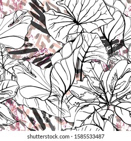 Floral Black and White Pattern. Pink Artistic Watercolor Print. Outline Flowers Seamless Surface. Botanical Vector Motif. Blooming Texture For Fashion. Drawing Abstract Leaf. Trends Tropic Background.
