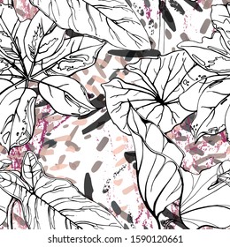 Floral Black and White Pattern. Pink Artistic Watercolor Print. Outline Flowers Seamless Surface. Botanical Vector Motif. Blooming Texture For Fashion. Drawing Abstract Leaf. Trends Tropic Background.