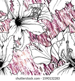 Floral Black and White Pattern. Pink Artistic Watercolor Print. Outline Flowers Seamless Surface. Botanical Vector Motif. Blooming Texture For Fashion. Drawing Abstract Leaf. Trends Tropic Background.