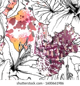 Floral Black and White Pattern. Pink Artistic Watercolor Print. Outline Flowers Seamless Surface. Botanical Vector Motif. Blooming Texture For Fashion. Drawing Abstract Leaf. Trends Tropic Background.