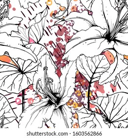 Floral Black and White Pattern. Pink Artistic Watercolor Print. Outline Flowers Seamless Surface. Botanical Vector Motif. Blooming Texture For Fashion. Drawing Abstract Leaf. Trends Tropic Background.