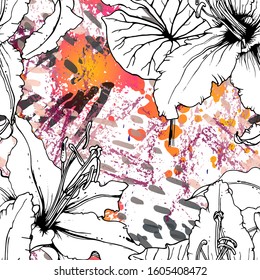 Floral Black and White Pattern. Pink Artistic Watercolor Print. Outline Flowers Seamless Surface. Botanical Vector Motif. Blooming Texture For Fashion. Drawing Abstract Leaf. Trends Tropic Background.