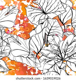 Floral Black and White Pattern. Pink Artistic Watercolor Print. Outline Flowers Seamless Surface. Botanical Vector Motif. Blooming Texture For Fashion. Drawing Abstract Leaf. Trends Tropic Background.