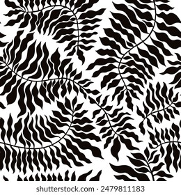 Patrón floral en blanco y negro, Ilustración vectorial sin fisuras. Hojas y ramas Abstractas 