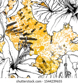 Floral Black and White Pattern. Yellow Artistic Watercolor Print. Outline Flowers Seamless Surface. Botanical Vector Motif. Bloom Texture For Fashion. Drawing Abstract Leaf. Trends Tropic Background.