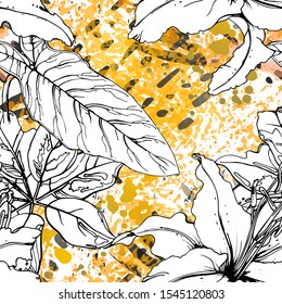 Floral Black and White Pattern. Yellow Artistic Watercolor Print. Outline Flowers Seamless Surface. Botanical Vector Motif. Bloom Texture For Fashion. Drawing Abstract Leaf. Trends Tropic Background.