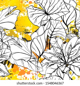 Floral Black and White Pattern. Yellow Artistic Watercolor Print. Outline Flowers Seamless Surface. Botanical Vector Motif. Bloom Texture For Fashion. Drawing Abstract Leaf. Trends Tropic Background.