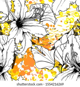 Floral Black and White Pattern. Yellow Artistic Watercolor Print. Outline Flowers Seamless Surface. Botanical Vector Motif. Bloom Texture For Fashion. Drawing Abstract Leaf. Trends Tropic Background.