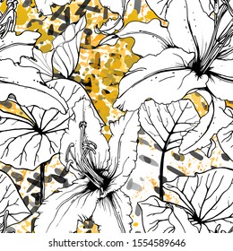 Floral Black and White Pattern. Yellow Artistic Watercolor Print. Outline Flowers Seamless Surface. Botanical Vector Motif. Bloom Texture For Fashion. Drawing Abstract Leaf. Trends Tropic Background.