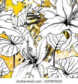 Floral Black and White Pattern. Yellow Artistic Watercolor Print. Outline Flowers Seamless Surface. Botanical Vector Motif. Bloom Texture For Fashion. Drawing Abstract Leaf. Trends Tropic Background.