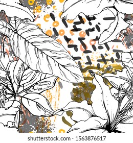 Floral Black and White Pattern. Yellow Artistic Watercolor Print. Outline Flowers Seamless Surface. Botanical Vector Motif. Bloom Texture For Fashion. Drawing Abstract Leaf. Trends Tropic Background.