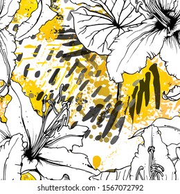 Floral Black and White Pattern. Yellow Artistic Watercolor Print. Outline Flowers Seamless Surface. Botanical Vector Motif. Bloom Texture For Fashion. Drawing Abstract Leaf. Trends Tropic Background.