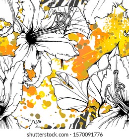 Floral Black and White Pattern. Yellow Artistic Watercolor Print. Outline Flowers Seamless Surface. Botanical Vector Motif. Bloom Texture For Fashion. Drawing Abstract Leaf. Trends Tropic Background.