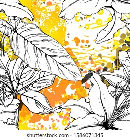 Floral Black and White Pattern. Yellow Artistic Watercolor Print. Outline Flowers Seamless Surface. Botanical Vector Motif. Bloom Texture For Fashion. Drawing Abstract Leaf. Trends Tropic Background.