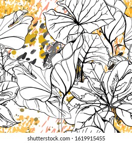 Floral Black and White Pattern. Yellow Artistic Watercolor Print. Outline Flowers Seamless Surface. Botanical Vector Motif. Bloom Texture For Fashion. Drawing Abstract Leaf. Trends Tropic Background.