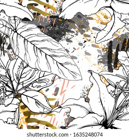 Floral Black and White Pattern. Yellow Artistic Watercolor Print. Outline Flowers Seamless Surface. Botanical Vector Motif. Bloom Texture For Fashion. Drawing Abstract Leaf. Trends Tropic Background.