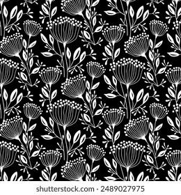 Floral black and white pattern.Vector seamless floral white pattern on black background.