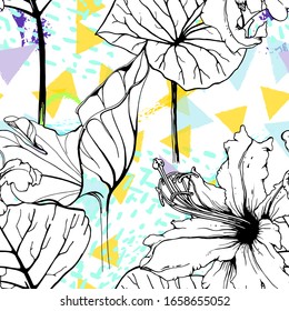Floral Black White Print. Tropical Jungle Leaf on Geometric Brush Shapes. Modern Motif. Foliage Summer Seamless Pattern. Trending Vector Background. Artistic Botanical Surface. Plant Texture Fashion.