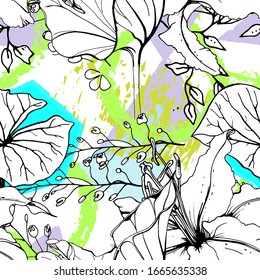 Floral Black White Print. Tropical Jungle Leaf on Geometric Brush Shapes. Modern Motif. Foliage Summer Seamless Pattern. Trending Vector Background. Artistic Botanical Surface. Plant Texture Fashion.