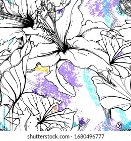 Floral Black White Print. Tropical Jungle Leaf on Geometric Brush Shapes. Modern Motif. Foliage Summer Seamless Pattern. Trending Vector Background. Artistic Botanical Surface. Plant Texture Fashion.