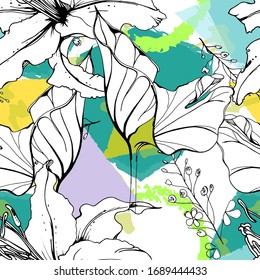 Floral Black White Print. Tropical Jungle Leaf on Geometric Brush Shapes. Modern Motif. Foliage Summer Seamless Pattern. Trending Vector Background. Artistic Botanical Surface. Plant Texture Fashion.