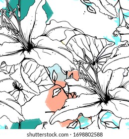 Floral Black White Print. Tropical Jungle Leaf on Geometric Brush Shapes. Modern Motif. Foliage Summer Seamless Pattern. Trending Vector Background. Artistic Botanical Surface. Plant Texture Fashion.