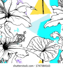 Floral Black White Print. Tropical Jungle Leaf on Geometric Brush Shapes. Modern Motif. Foliage Summer Seamless Pattern. Trending Vector Background. Artistic Botanical Surface. Plant Texture Fashion.