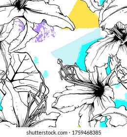 Floral Black White Print. Tropical Jungle Leaf on Geometric Brush Shapes. Modern Motif. Foliage Summer Seamless Pattern. Trending Vector Background. Artistic Botanical Surface. Plant Texture Fashion.