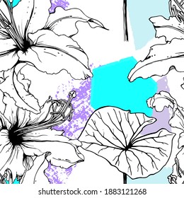 Floral Black White Print. Tropical Jungle Leaf on Geometric Brush Shapes. Modern Motif. Foliage Summer Seamless Pattern. Trending Vector Background. Artistic Botanical Surface. Plant Texture Fashion.