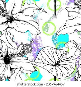 Floral Black White Print. Tropical Jungle Leaf on Geometric Brush Shapes. Modern Motif. Foliage Summer Seamless Pattern. Trending Vector Background. Artistic Botanical Surface. Plant Texture Fashion.