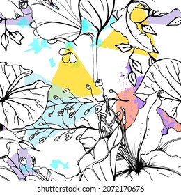 Floral Black White Print. Tropical Jungle Leaf on Geometric Brush Shapes. Modern Motif. Foliage Summer Seamless Pattern. Trending Vector Background. Artistic Botanical Surface. Plant Texture Fashion.