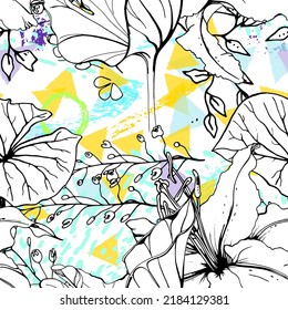 Floral Black White Print. Tropical Jungle Leaf on Geometric Brush Shapes. Modern Motif. Foliage Summer Seamless Pattern. Trending Vector Background. Artistic Botanical Surface. Plant Texture Fashion.