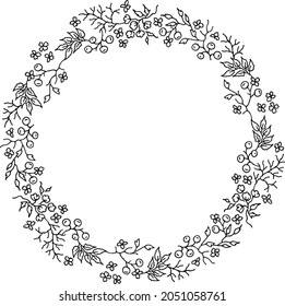 floral black and white round wreath, hand-drawn