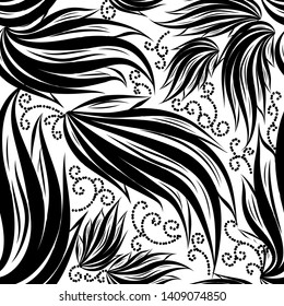 Floral black and white seamless pattern. Vector ornamental elegance background. Hand drawn vintage flowers, leaves, swirls, dotted lines. Repeat decorative backdrop. Isolated design for fabric, prints