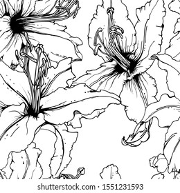Floral Black and White Seamless Pattern. Graphic Botanical Vector Motif. Blooming Texture For Fashion Prints. Outline Lily Flowers Surface. Art Ornament. Elegant Sketches Drawing Illustrated.