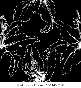 Floral Black and White Seamless Pattern. Graphic Botanical Vector Motif. Blooming Texture For Fashion Prints. Outline Lily Flowers Surface. Style Motif. Elegant Sketches Drawing Illustrated.