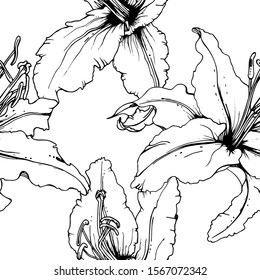 Floral Black and White Seamless Pattern. Graphic Botanical Vector Motif. Blooming Texture For Fashion Prints. Outline Lily Flowers Surface. Style Design. Elegant Sketches Drawing Illustrated.