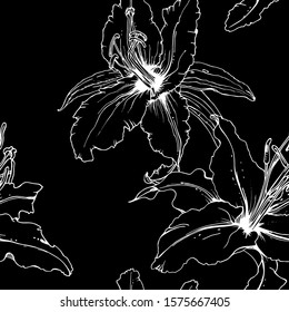 Floral Black and White Seamless Pattern. Graphic Botanical Vector Motif. Blooming Texture For Fashion Prints. Outline Lily Flowers Surface. Summer Ornament. Elegant Sketches Drawing Illustrated.