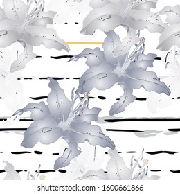 Floral Black and White Seamless Pattern. Graphic Botanical Vector Motif. Blooming Texture For Fashion Prints. Outline Lily Flowers Surface. Stripe Hand Drawn Motif. Elegant Sketch Drawing Illustrated.