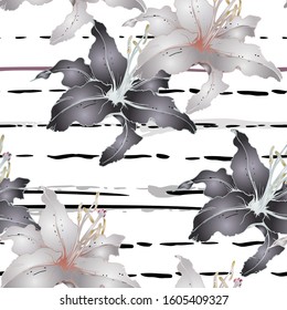 Floral Black and White Seamless Pattern. Graphic Botanical Vector Motif. Blooming Texture For Fashion Prints. Outline Lily Flowers Surface. Stripe Hand Drawn Motif. Elegant Sketch Drawing Illustrated.