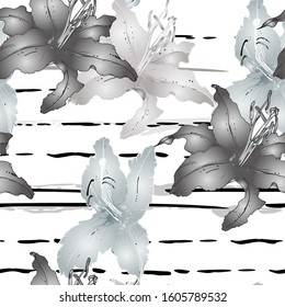 Floral Black and White Seamless Pattern. Graphic Botanical Vector Motif. Blooming Texture For Fashion Prints. Outline Lily Flowers Surface. Stripe Hand Drawn Motif. Elegant Sketch Drawing Illustrated.