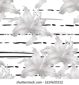 Floral Black and White Seamless Pattern. Graphic Botanical Vector Motif. Blooming Texture For Fashion Prints. Outline Lily Flowers Surface. Stripe Hand Drawn Motif. Elegant Sketch Drawing Illustrated.