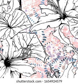 Floral Black and White Seamless Pattern. Modern Artistic Watercolor Print. Fashion Outline Flowers Surface. Botanic Vector Motif on Ink Stains Texture. Drawing Abstract Leaf. Trend Tropic Background.