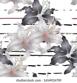 Floral Black and White Seamless Pattern. Graphic Botanical Vector Motif. Blooming Texture For Fashion Prints. Outline Lily Flowers Surface. Stripe Hand Drawn Motif. Elegant Sketch Drawing Illustrated.