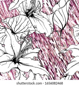 Floral Black and White Seamless Pattern. Modern Artistic Watercolor Print. Fashion Outline Flowers Surface. Botanic Vector Motif on Ink Stains Texture. Drawing Abstract Leaf. Trend Tropic Background.