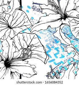 Floral Black and White Seamless Pattern. Modern Artistic Watercolor Print. Fashion Outline Flowers Surface. Botanic Vector Motif on Ink Stains Texture. Drawing Abstract Leaf. Trend Tropic Background.