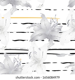 Floral Black and White Seamless Pattern. Graphic Botanical Vector Motif. Blooming Texture For Fashion Prints. Outline Lily Flowers Surface. Stripe Hand Drawn Motif. Elegant Sketch Drawing Illustrated.