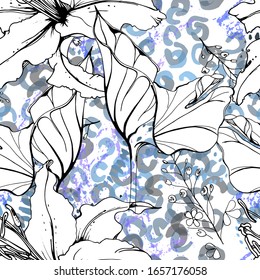 Floral Black and White Seamless Pattern. Modern Artistic Watercolor Print. Fashion Outline Flowers Surface. Botanic Vector Motif on Ink Stains Texture. Drawing Abstract Leaf. Trend Tropic Background.