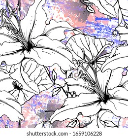 Patrón floral blanco y negro sin soldadura. Impresión artística moderna de acuarela. Superficie De Flores De Contorno De Moda. Motif vectorial botánico sobre la textura de manchas de tinta. Dibujo de hoja abstracta. Trópico de tendencias.