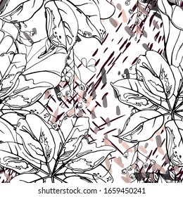 Patrón floral blanco y negro sin soldadura. Impresión artística moderna de acuarela. Superficie De Flores De Contorno De Moda. Motif vectorial botánico sobre la textura de manchas de tinta. Dibujo de hoja abstracta. Trópico de tendencias.